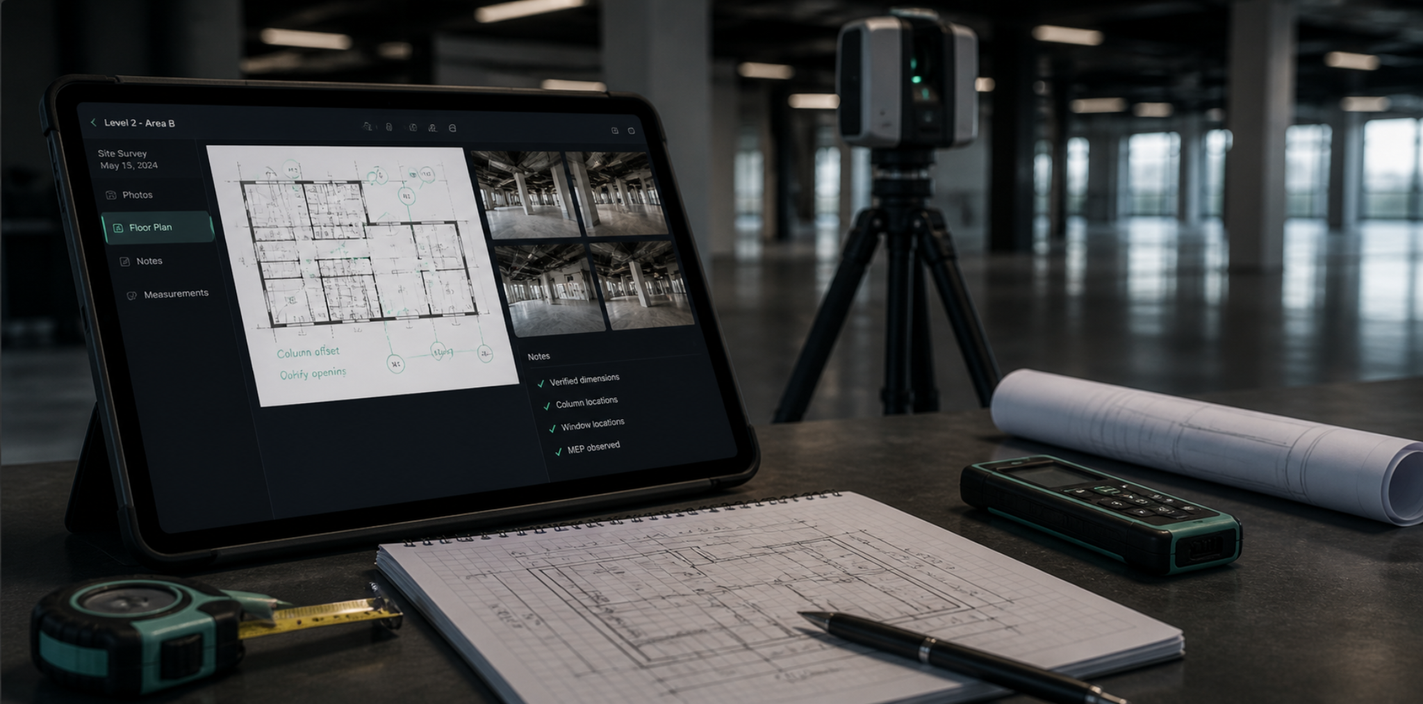Field documentation tablet with scanner and measurement tools in a commercial space