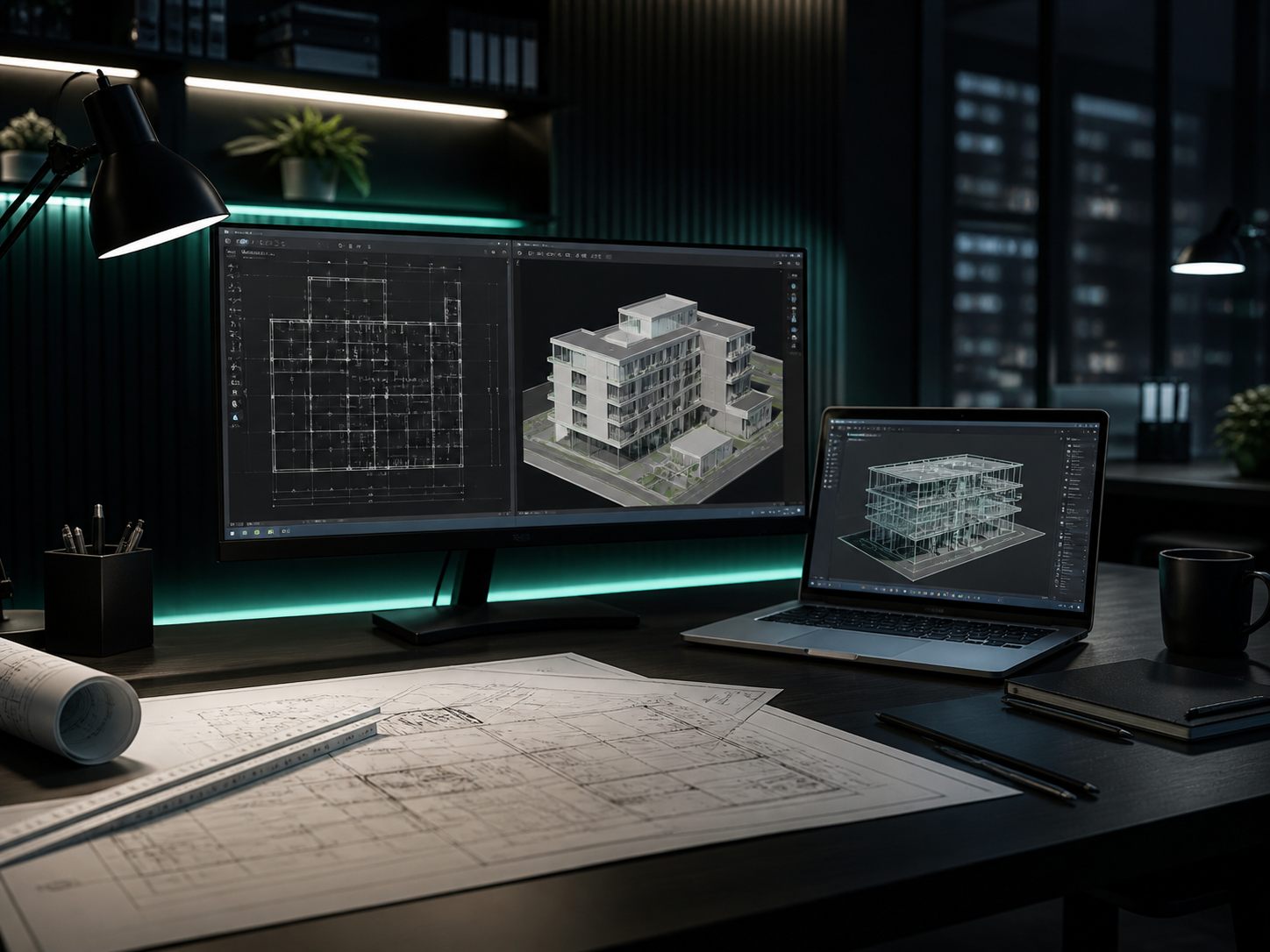 Architectural workstation showing as-built drawings and BIM-ready models