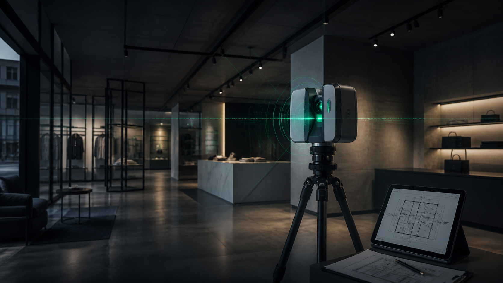 3D laser scanner in a modern commercial interior space for existing conditions survey