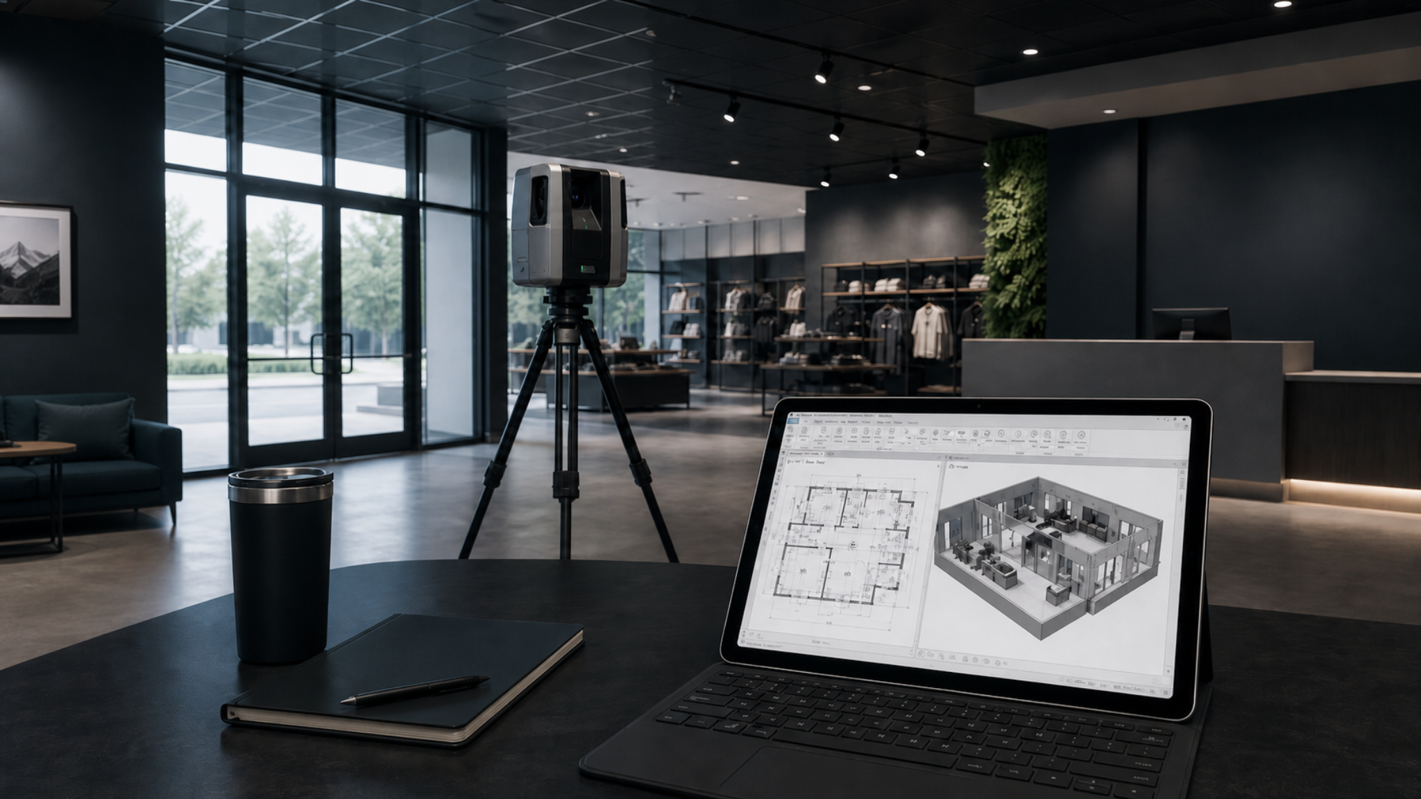 Commercial interior with 3D scanner and BIM model on laptop